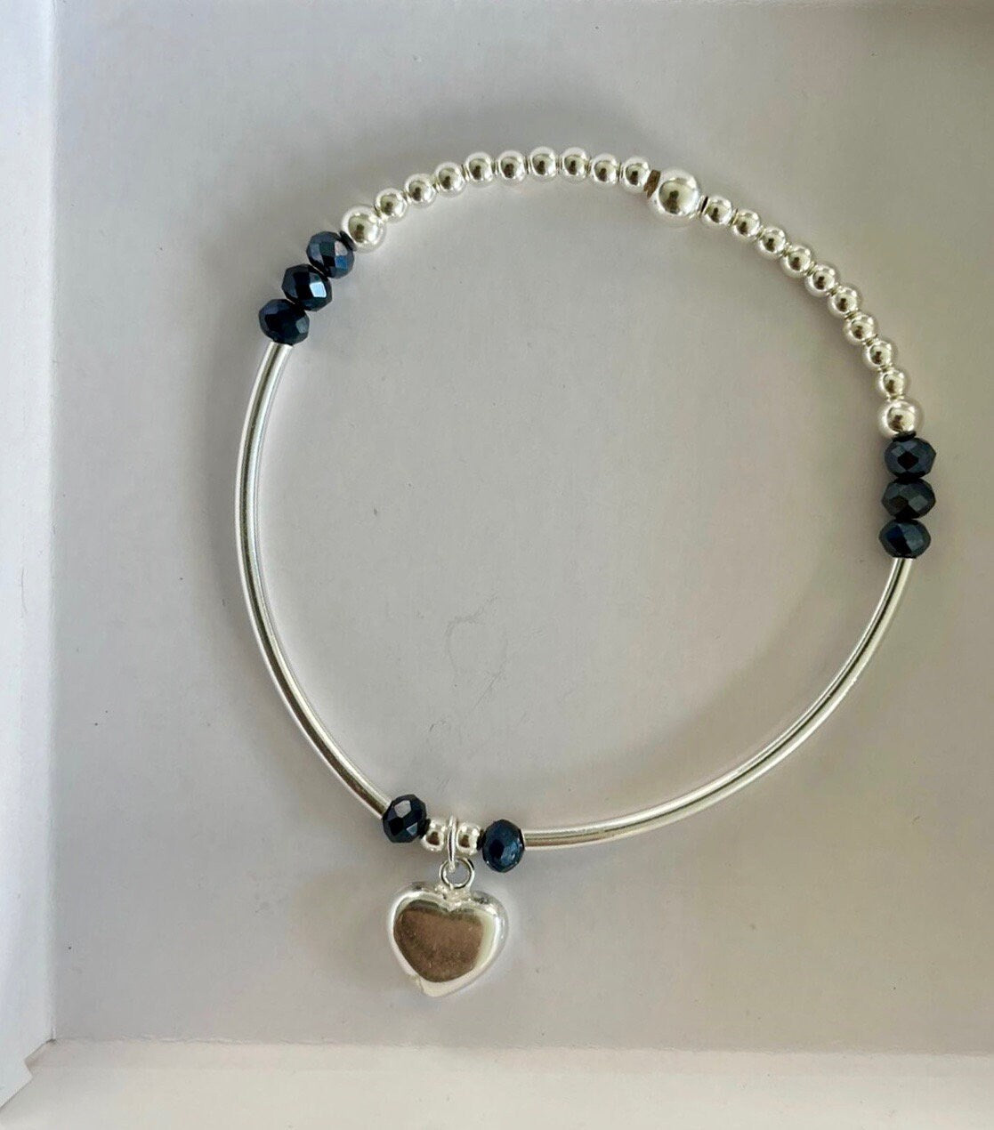 Blue Crystal Heart Bracelet Sterling Silver Charm Layered Jewelry Gift for Her