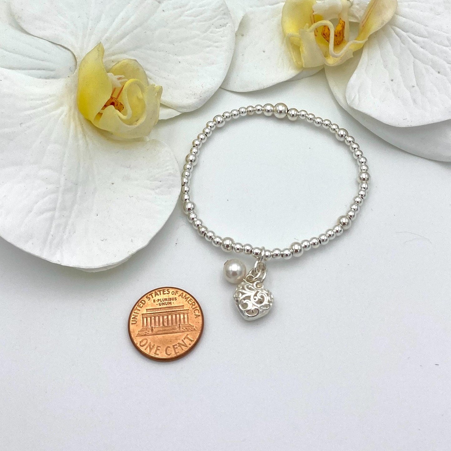 Freshwater pearl bracelet set sterling silver women minimalist jewelry pearl and heart charm wedding day accessory