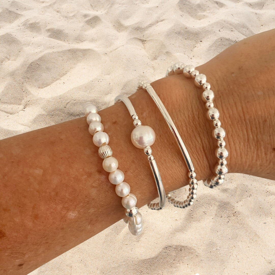 Sterling silver pearl bracelet and earrings set bridesmaid gift delicate bridal jewelry for bride or mother of the bride