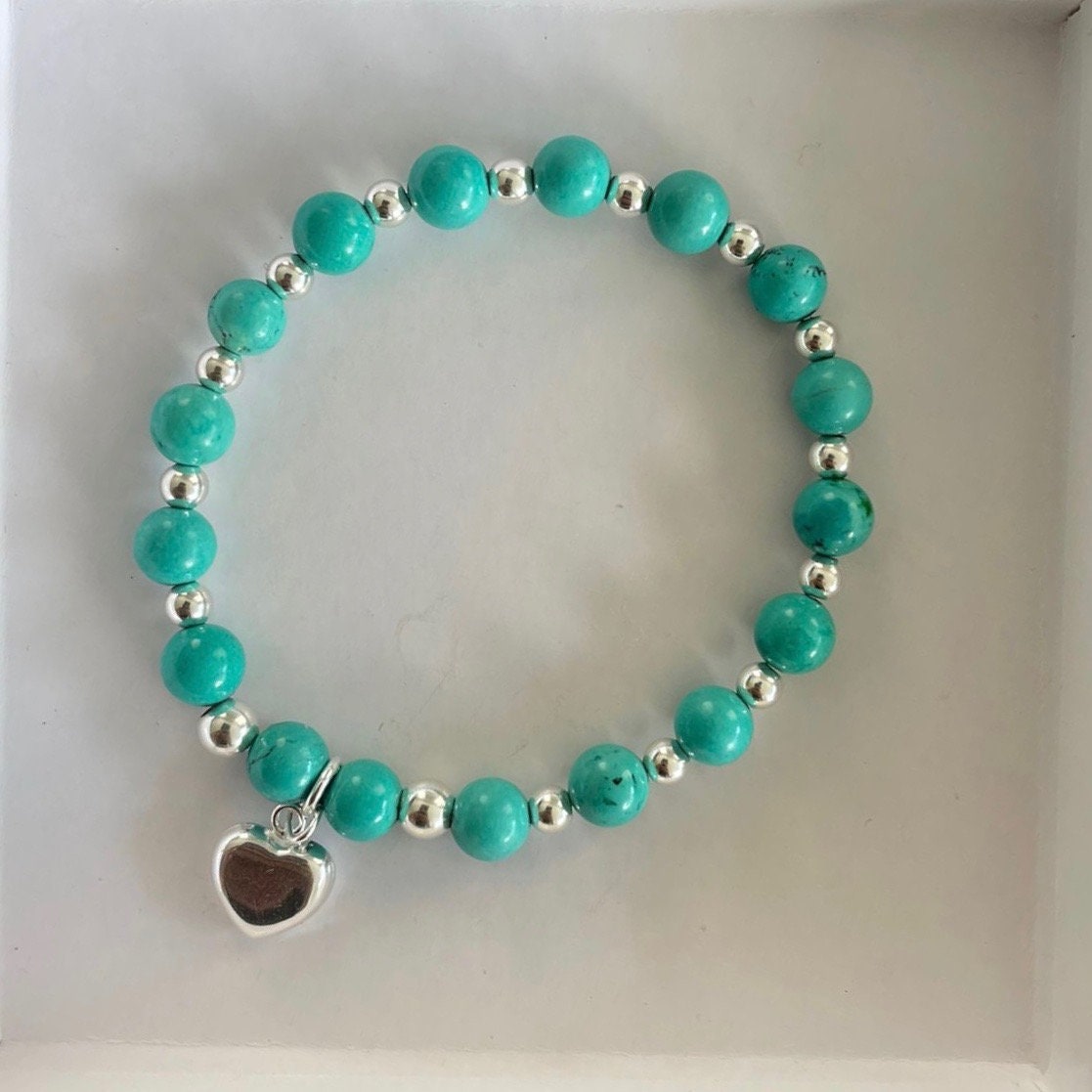 Turquoise Silver heart charm beaded bracelet stacking jewelry gift for women
