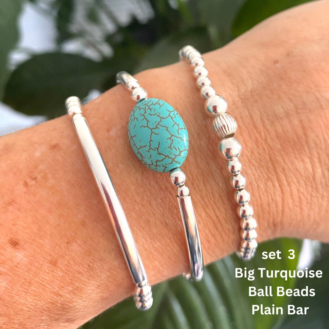 Turquoise silver beaded bracelet for women stacking jewelry birthday gift anniversary stretchy set