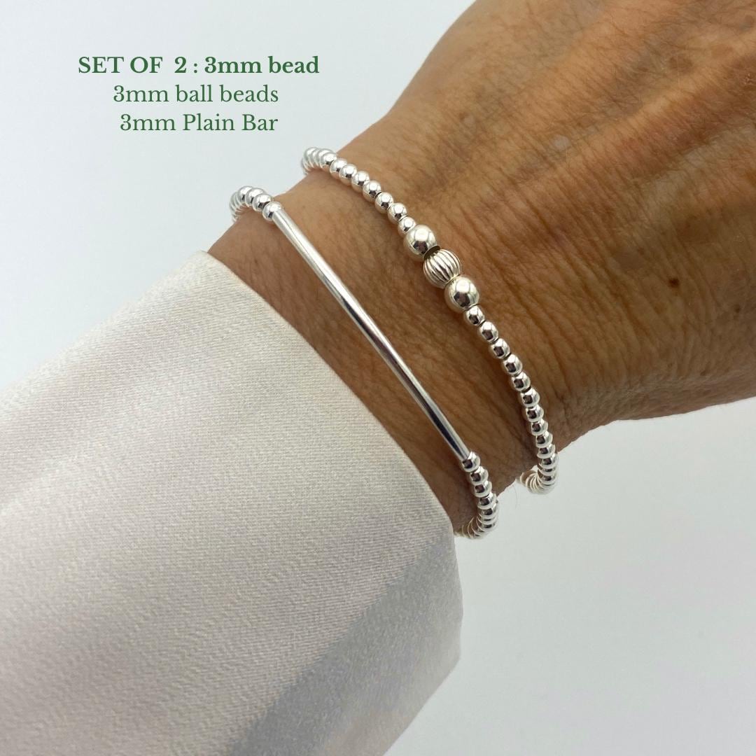Sterling silver beaded bracelet for women stacking stretchy jewelry bridesmaid gift wedding set