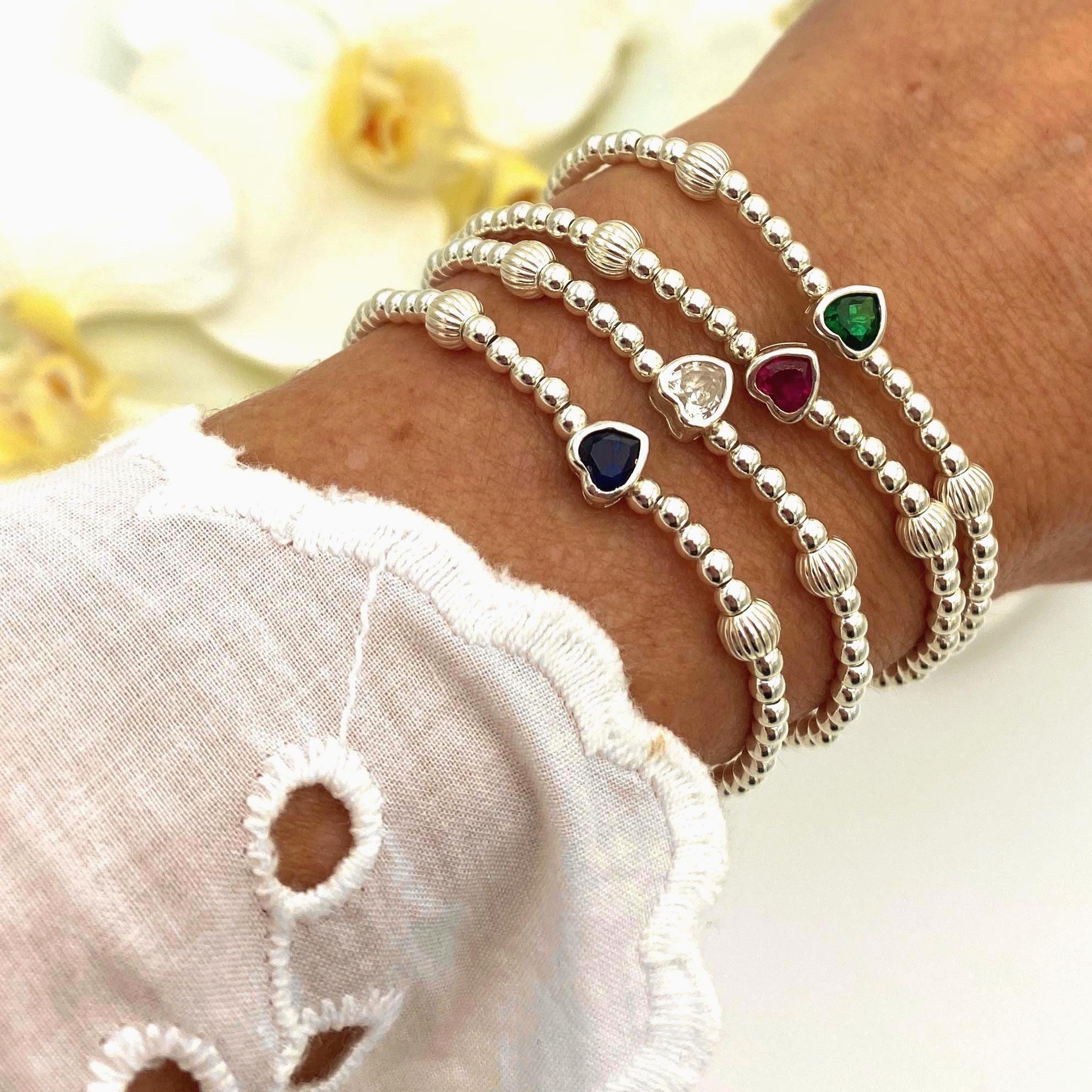 Sterling Silver Crystal Heart Bracelet Personalized Color