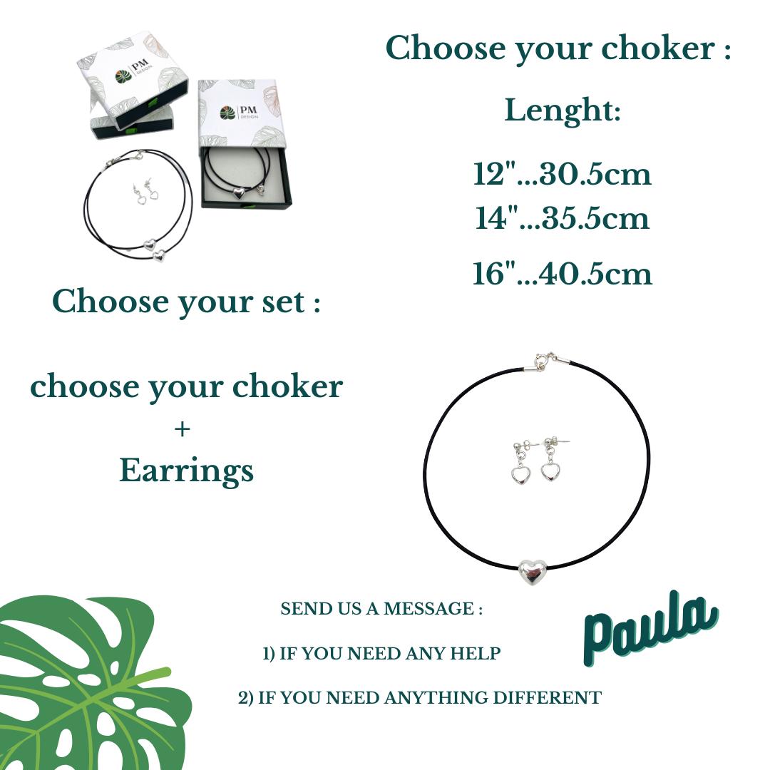 Leather Choker and Silver Earrings Set with Heart Charm Personalized Gift for Her