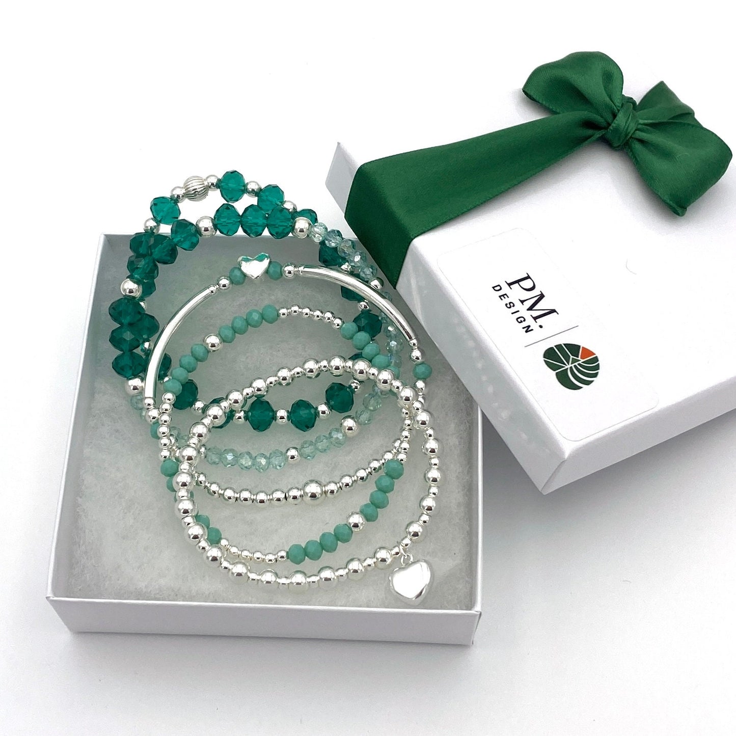 Sterling silver blue green crystal stacking bracelet personalized charm stretchy jewelry women gift