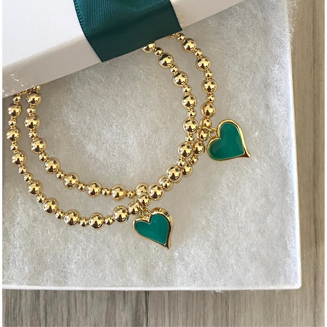 Gold red green charm bracelet women gold heart jewelry personalized heart charm bracelet gold mother gift idea charm jewelry gift for her