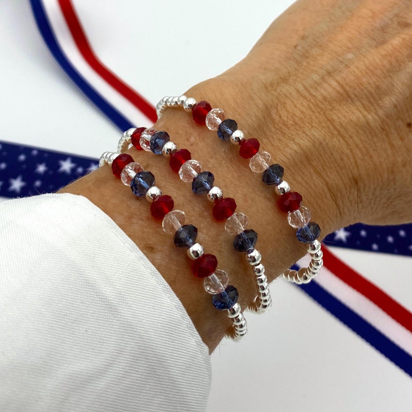 USA patriotic bracelet set silver red white blue crystal gift