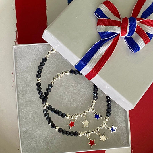 Patriotic navy crystal bracelet USA red white blue star charm gift