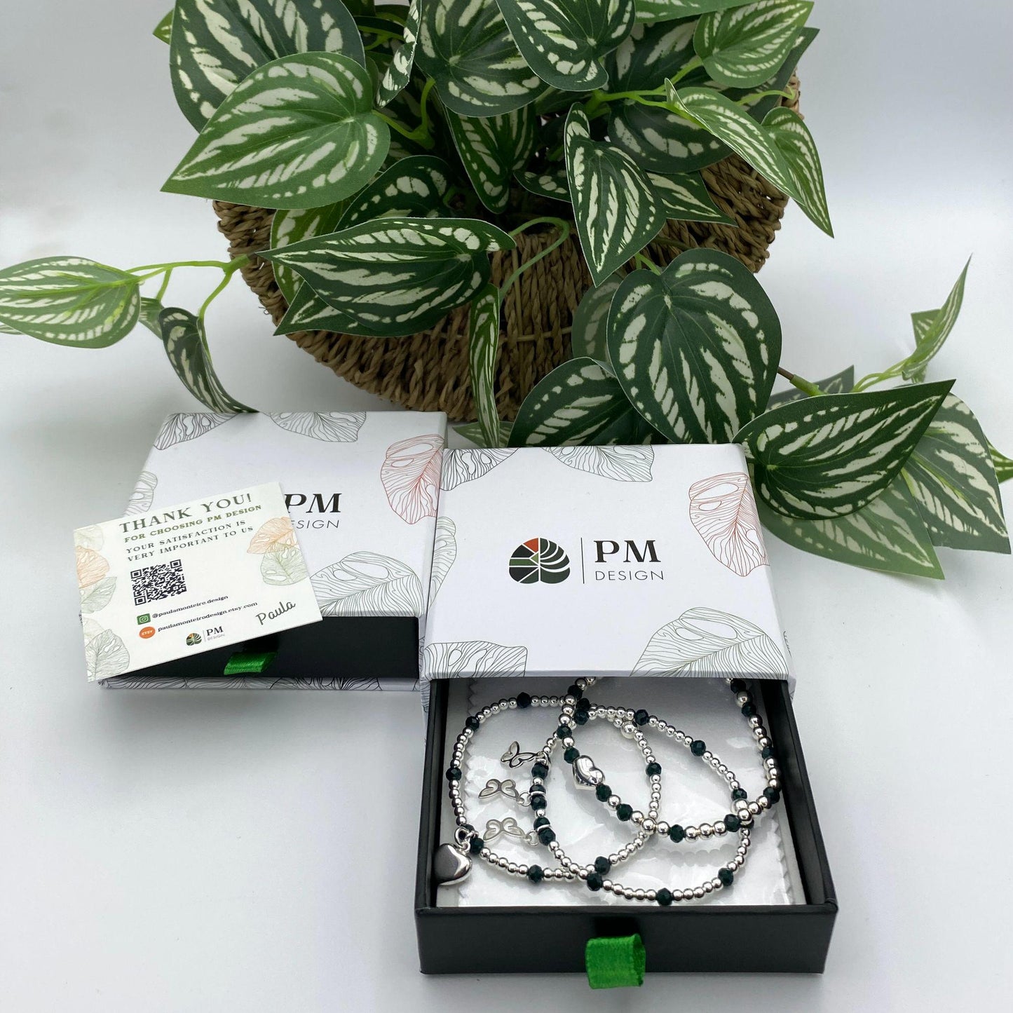 Sterling silver dainty charm bracelet with dark green crystal heart and butterfly gift