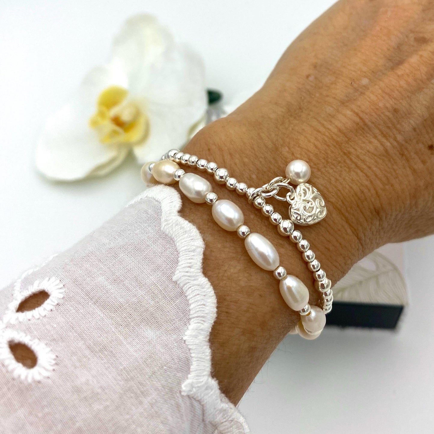 Freshwater pearl bracelet set sterling silver women minimalist jewelry pearl and heart charm wedding day accessory