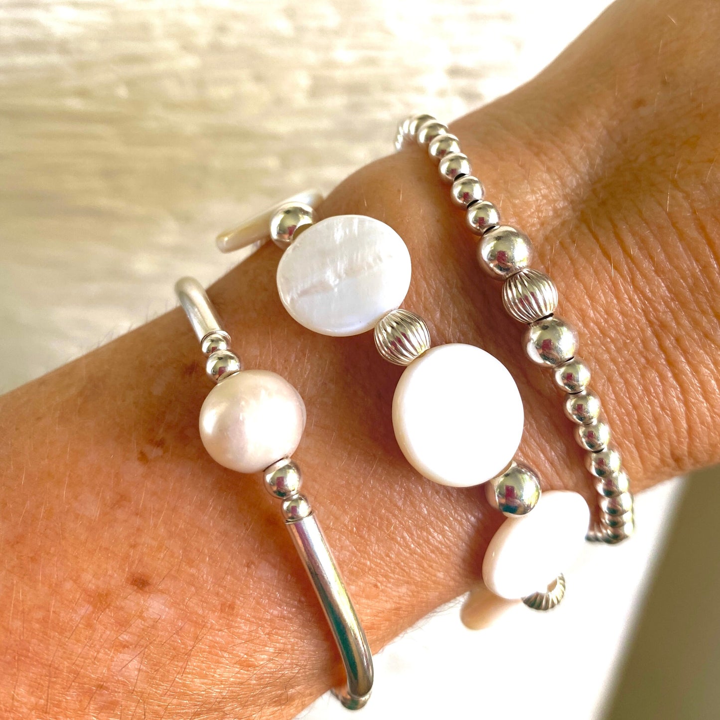 Sterling Silver mother of pearl bracelet women beaded stacking jewelry white freshwater pearl stretchy set