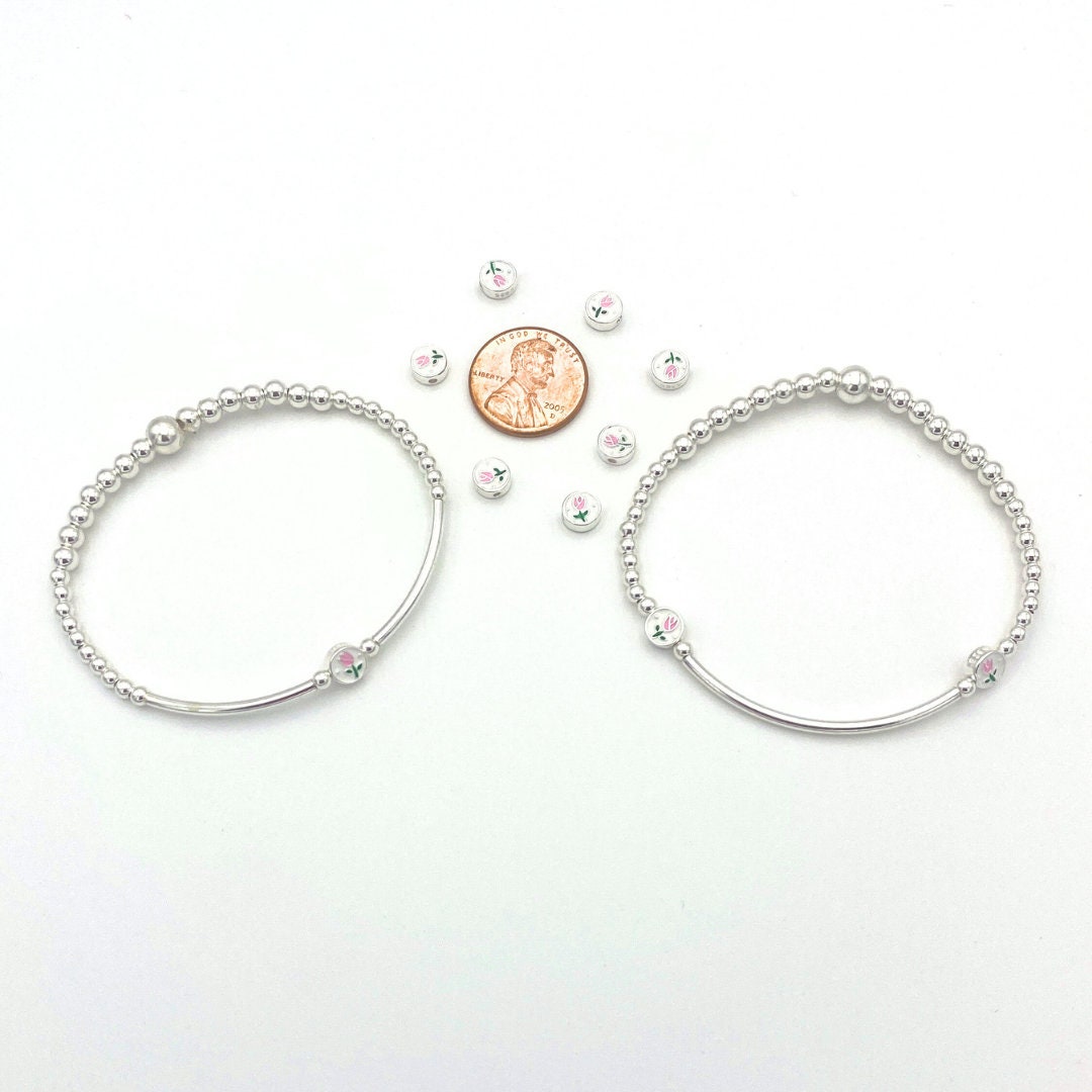 Silver Flower Charm Bracelet Pink Tulip Gift Set for Women