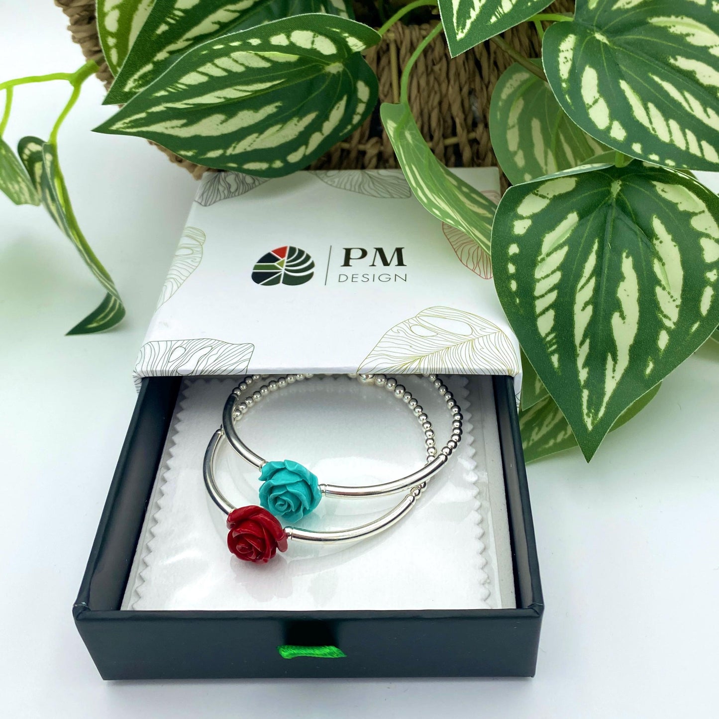 Sterling silver flower bracelet red rose spring jewelry elegant gift for women blue flower dainty mom present