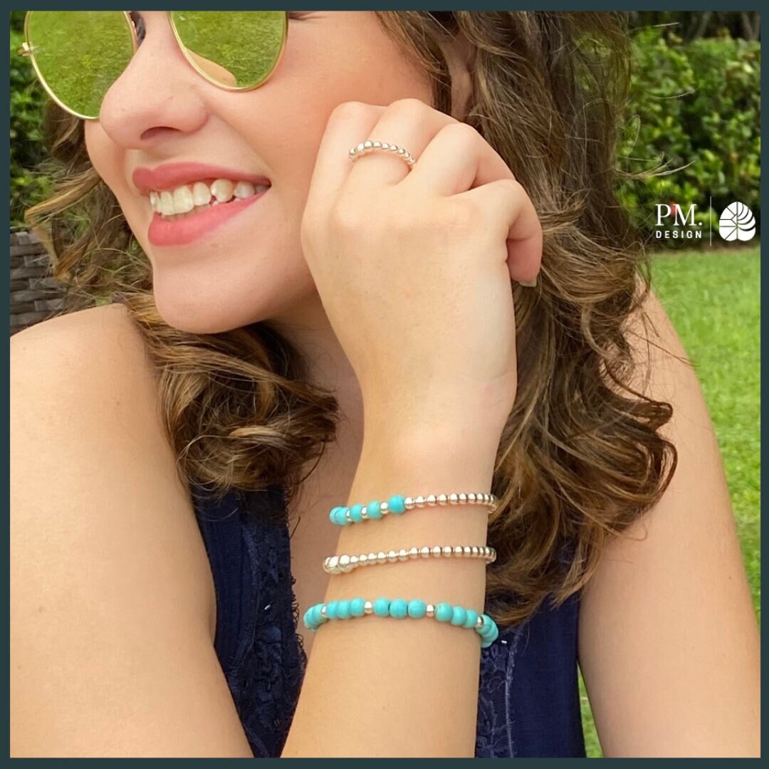 Turquoise sterling silver  Beaded Bracelet Turquoise jewelry set Layering silver Bracelets Blue Turquoise Stack Turquoise Mom's Gift