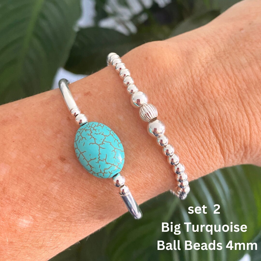 Turquoise silver beaded bracelet for women stacking jewelry birthday gift anniversary stretchy set