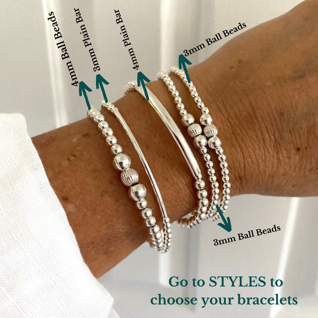 Sterling silver beaded bracelet for women stacking stretchy jewelry bridesmaid gift wedding set