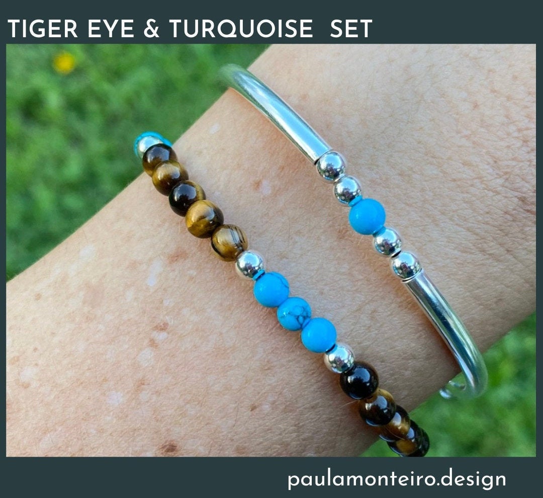 Tiger Eye Turquoise Silver Bracelet 925 Sterling Layering Beaded Jewelry Gift for Mom