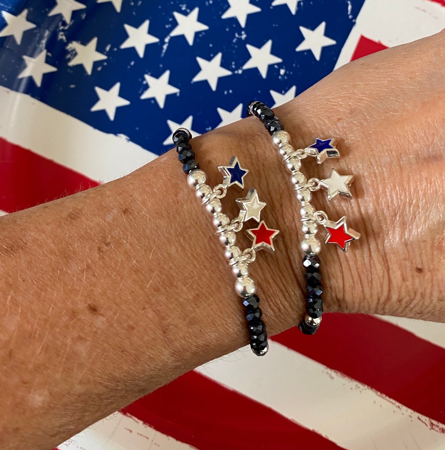 Patriotic navy crystal bracelet USA red white blue star charm gift