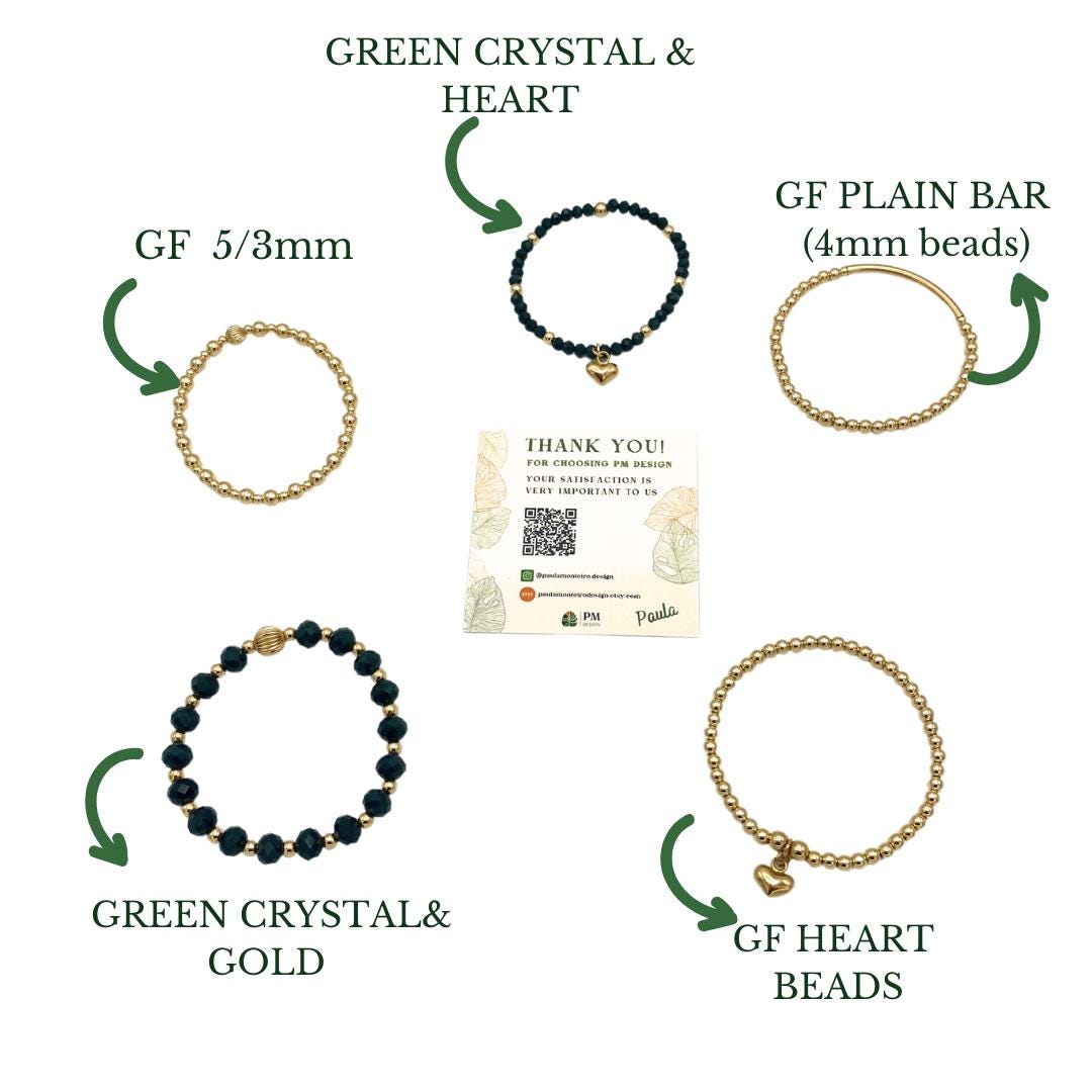 Gold Filled Green Bracelet Set with Heart Charm Elegant Gift for Her
