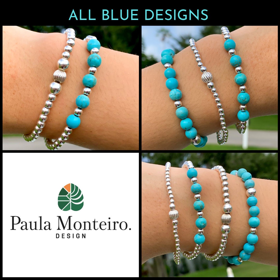 Turquoise sterling silver  Beaded Bracelet Turquoise jewelry set Layering silver Bracelets Blue Turquoise Stack Turquoise Mom's Gift