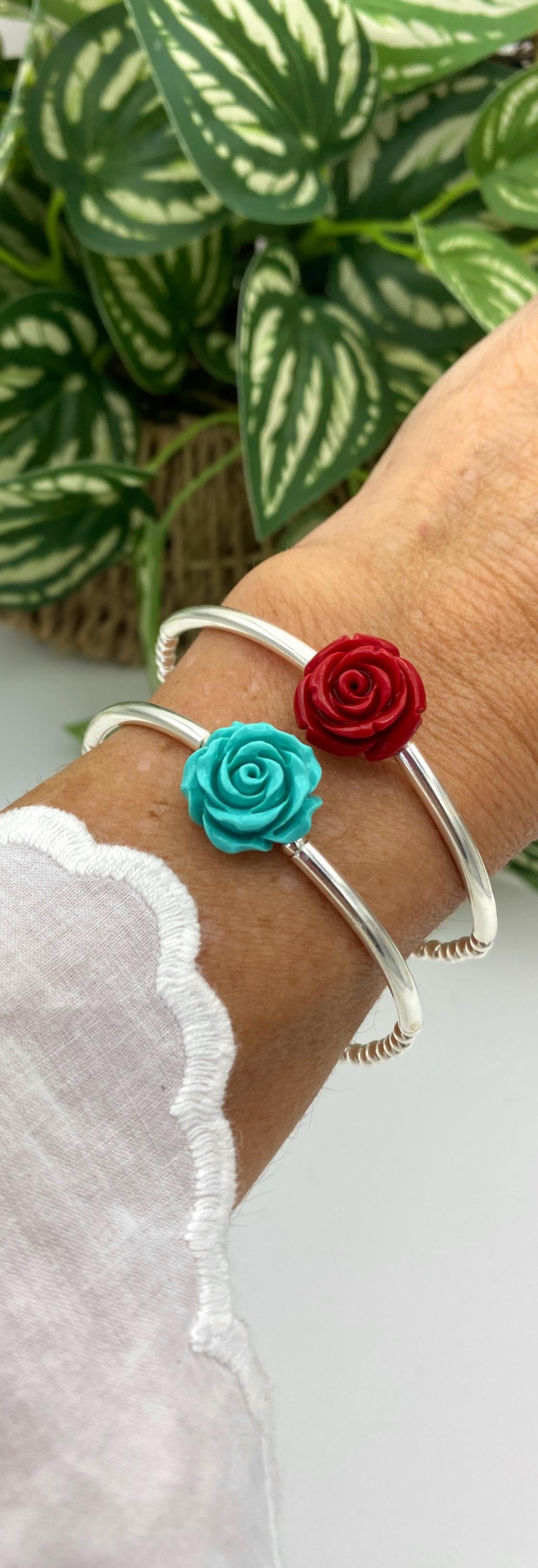 Sterling silver flower bracelet red rose spring jewelry elegant gift for women blue flower dainty mom present