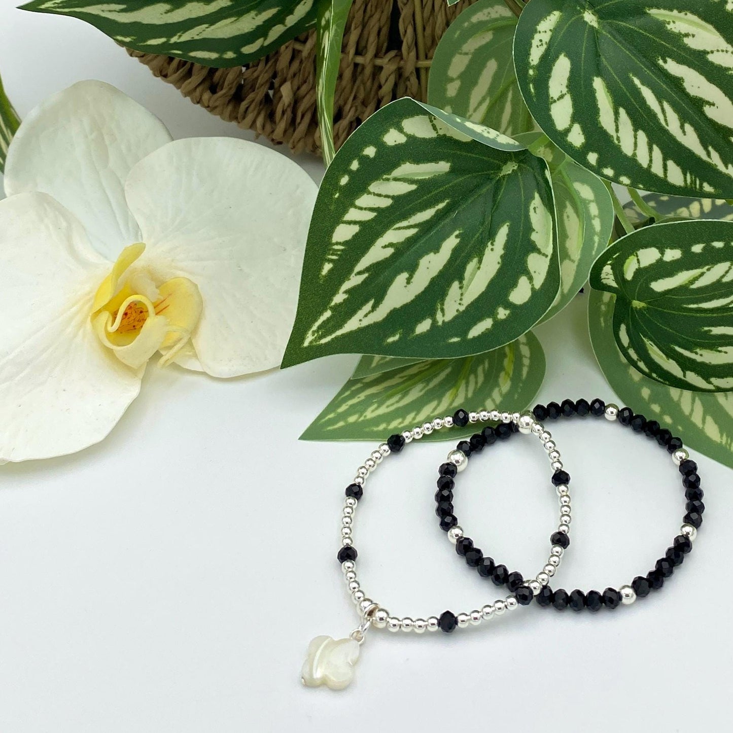 Sterling silver flower charm bracelet black and white jewelry gift for mom classic floral piece for her