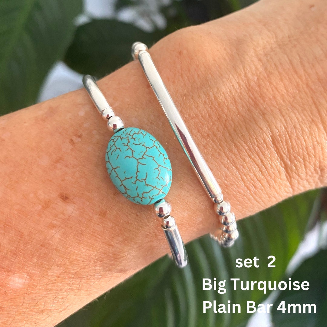 Turquoise silver beaded bracelet for women stacking jewelry birthday gift anniversary stretchy set