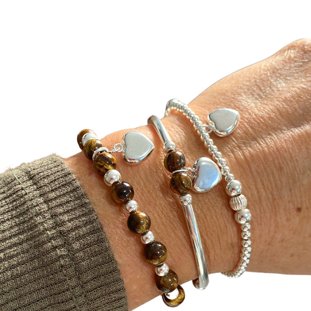 Tiger's eye sterling silver charm bracelet beaded stretchy heart jewelry set