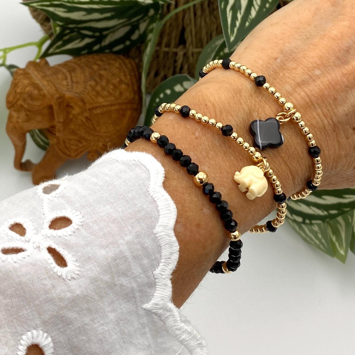 Gold filled spring charm bracelet nature inspired flower and elephant jewelry gift for women