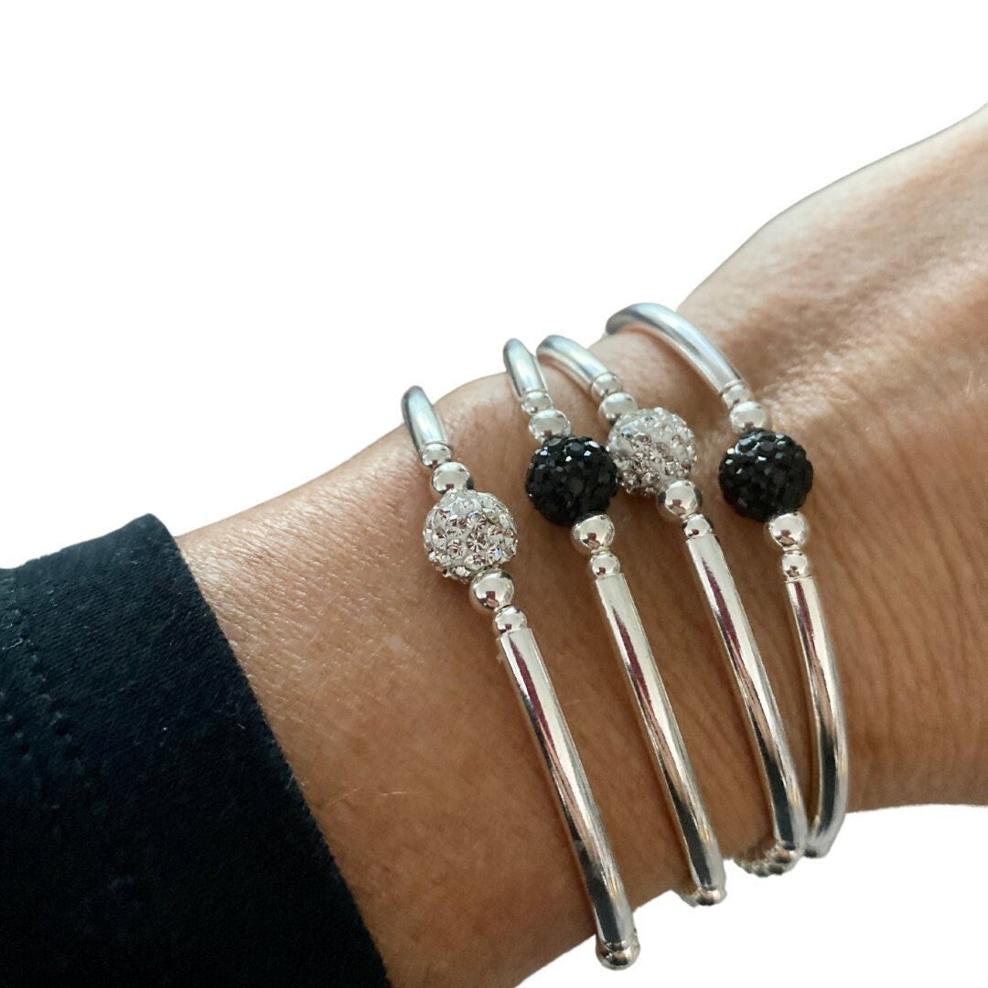 Sterling silver black and white crystal bracelet beaded and tubes rhinestone women jewelry gift