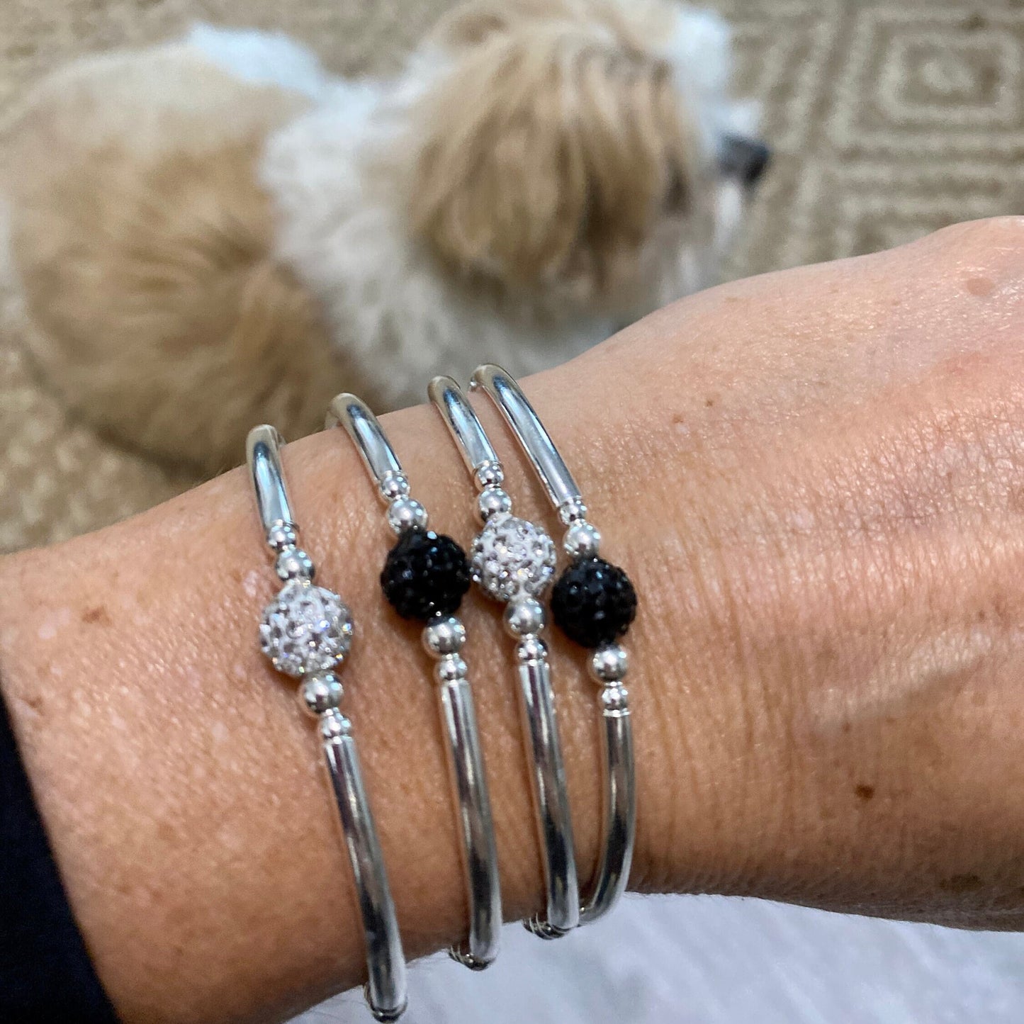 Sterling silver black and white crystal bracelet beaded and tubes rhinestone women jewelry gift