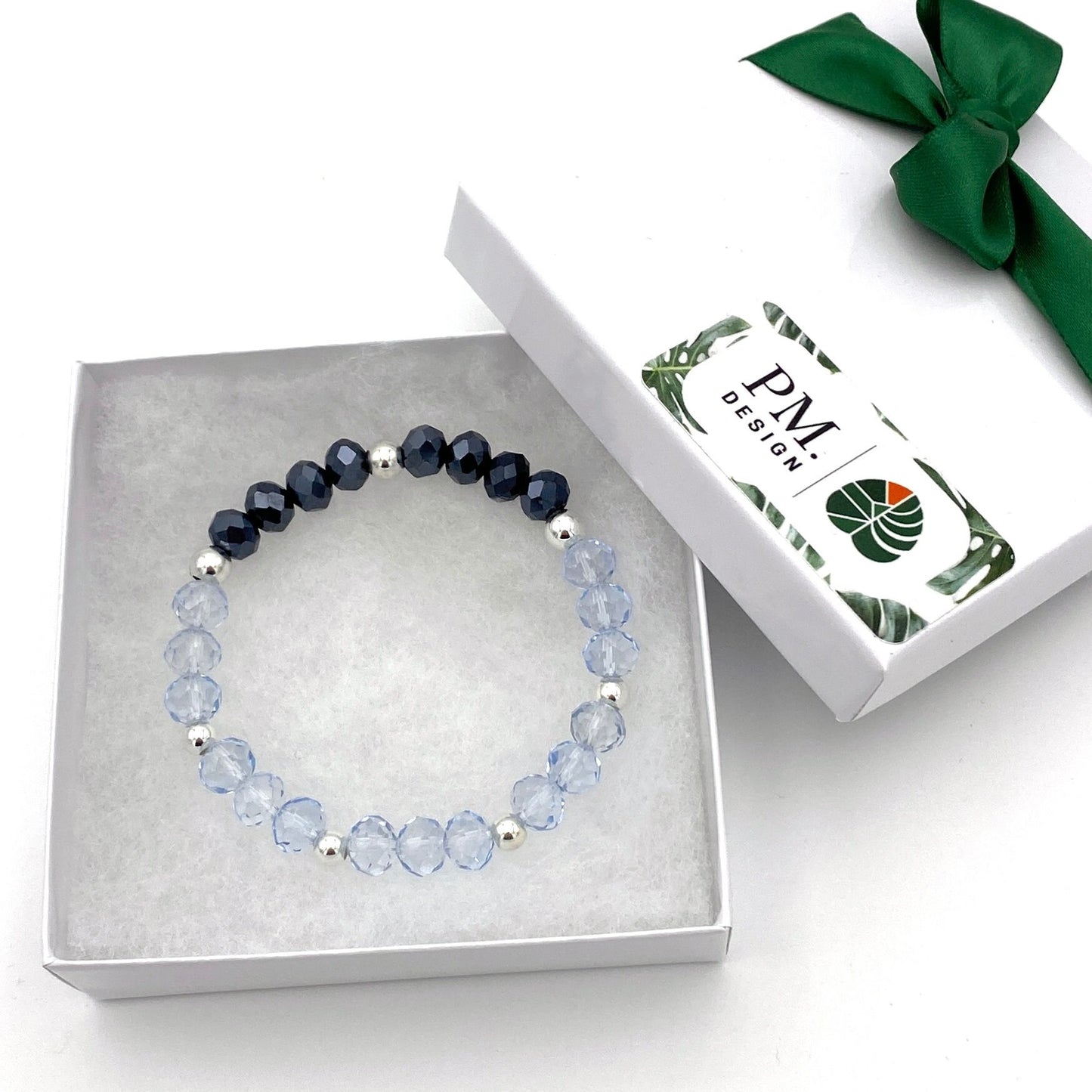 Blue Crystal Silver Bracelet Sterling Beaded Stack Gift for Women Jewelry Set