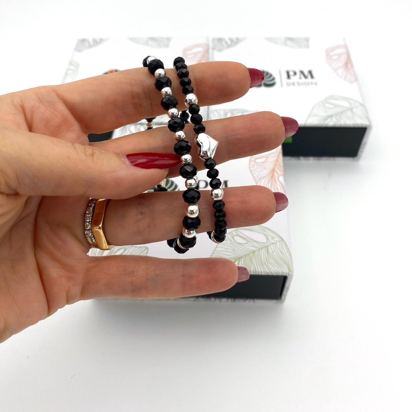 Black Crystal Silver Jewelry Set Necklace Bracelet and Earrings Gift for Her