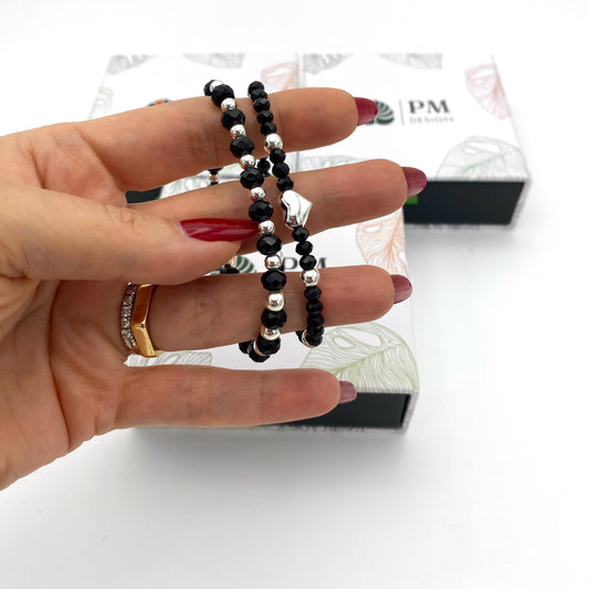 Black Crystal Silver Jewelry Set Necklace Bracelet and Earrings Gift for Her