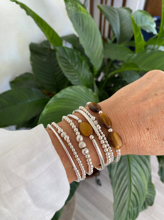 Sterling silver tiger's eye stretchy bracelet set for women gemstone stack jewelry gift