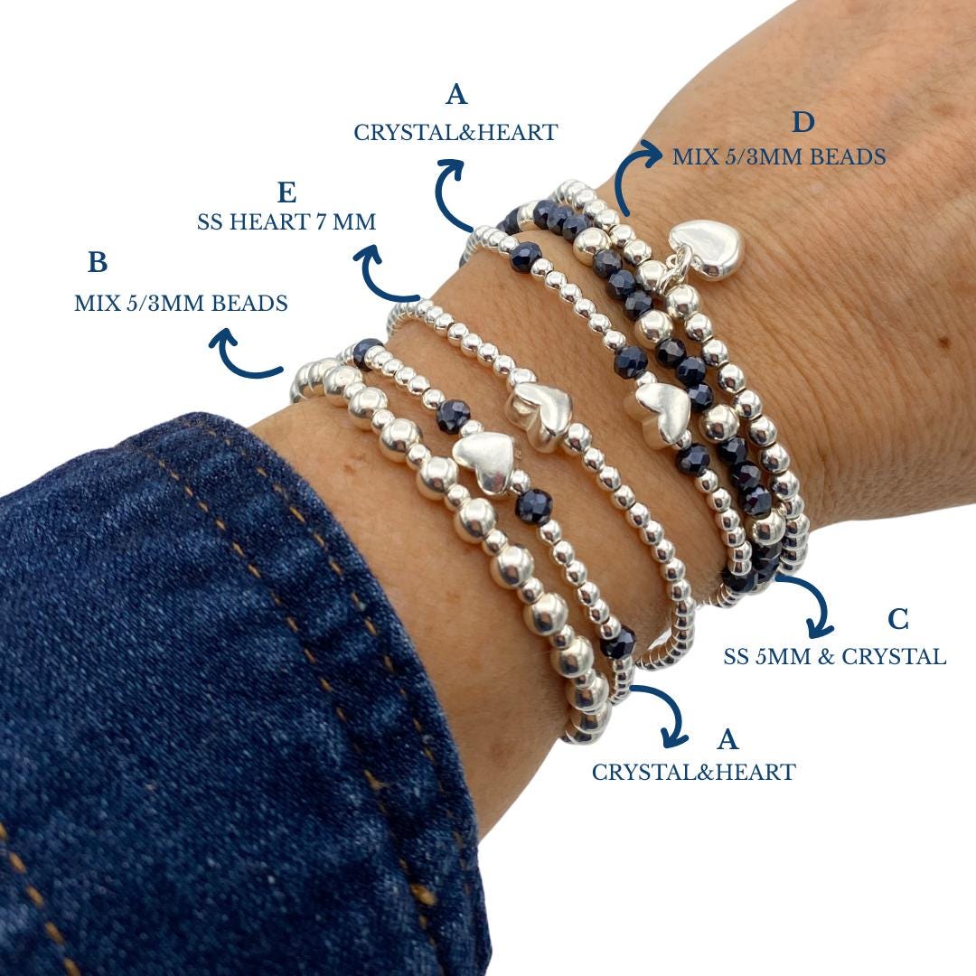 Sterling silver blue crystal bracelet set heart charm beaded stretchy jewelry gift