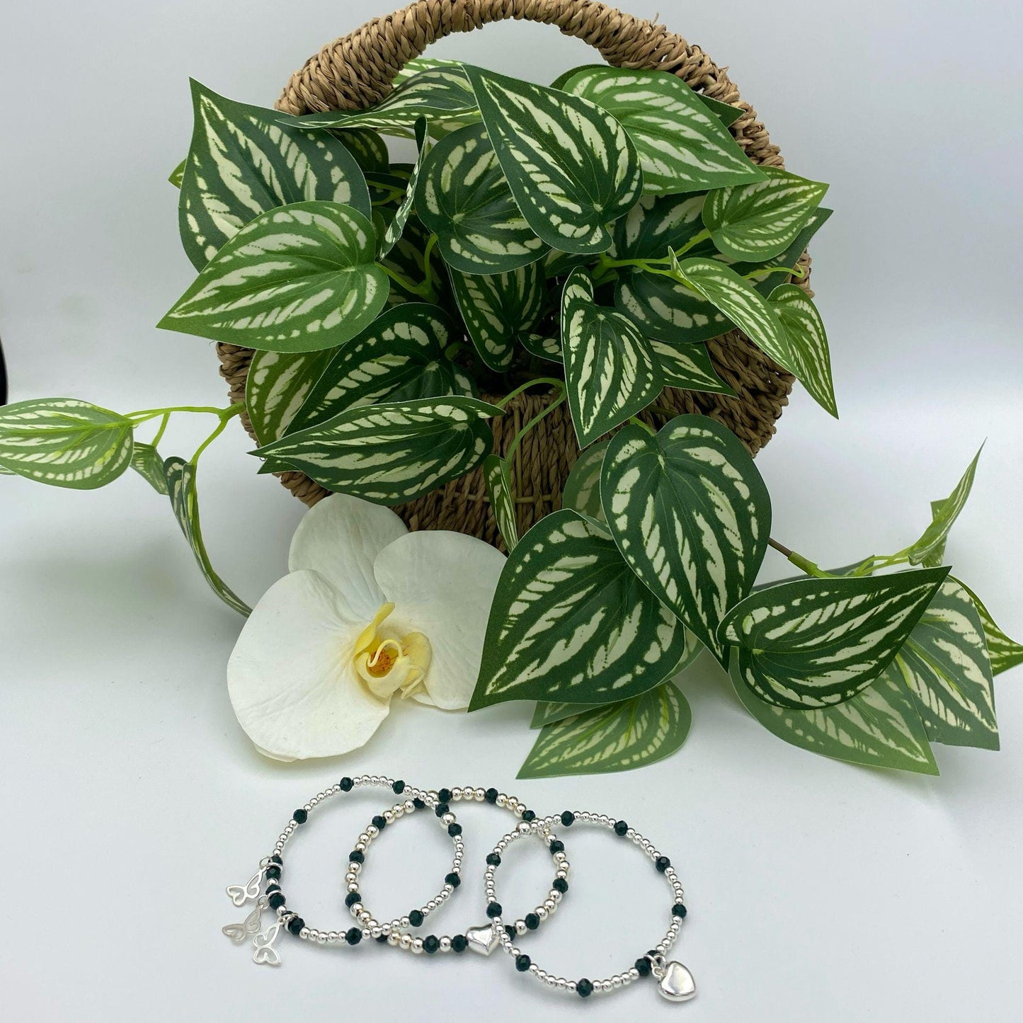 Sterling silver dainty charm bracelet with dark green crystal heart and butterfly gift