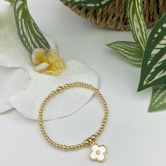 Gold filled white flower charm set pearl clover gold charm women jewelry wedding pearl charm gold set elegant bracelet earrings gift for mom