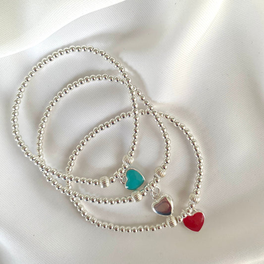 Sterling Silver Charm Bracelet with Red and Blue Heart Charms