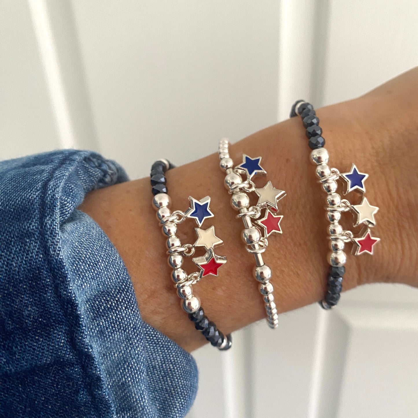 Patriotic navy crystal bracelet USA red white blue star charm gift