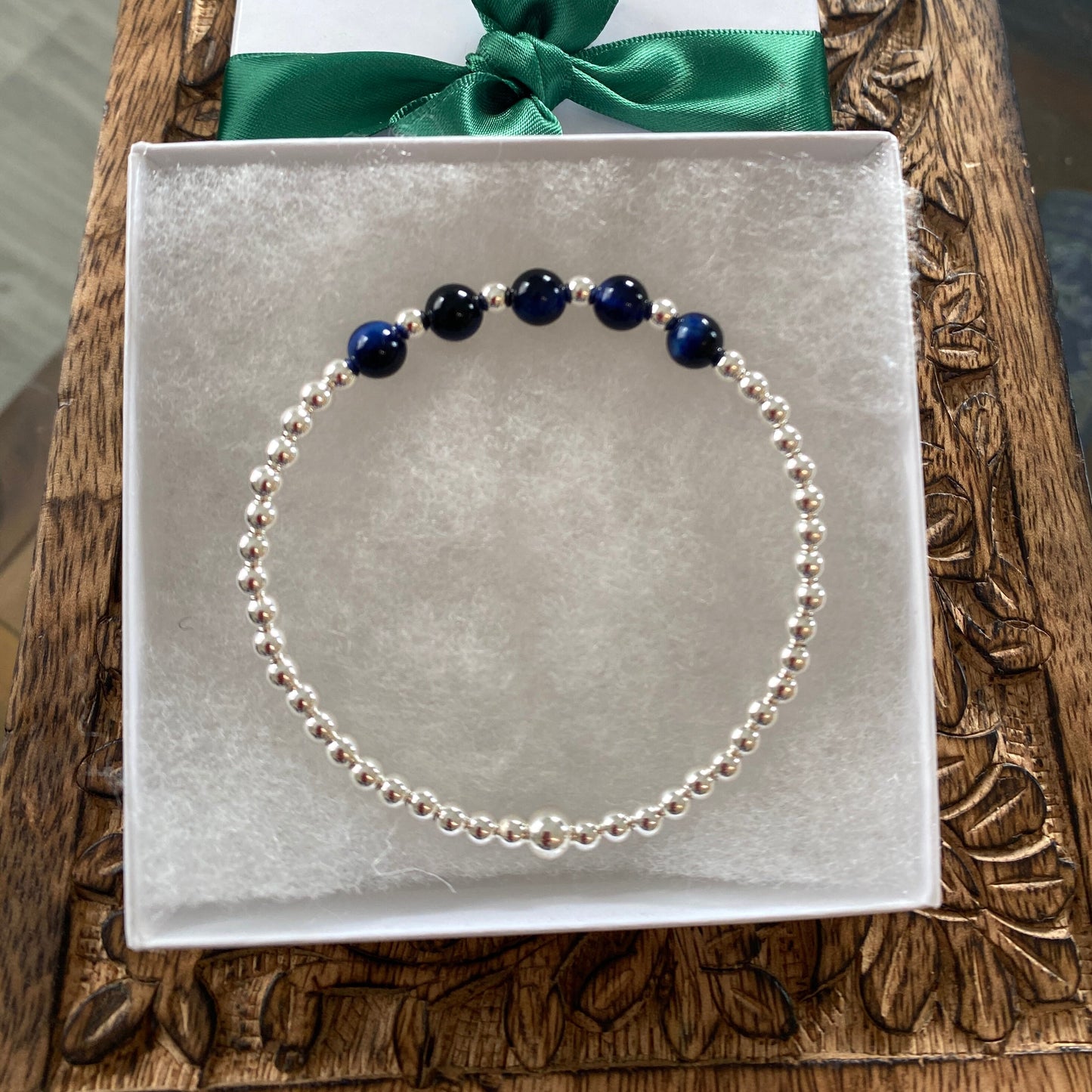 Sterling Silver Blue Gemstone Bracelet Set with Tiger Eye and Stardust Beads
