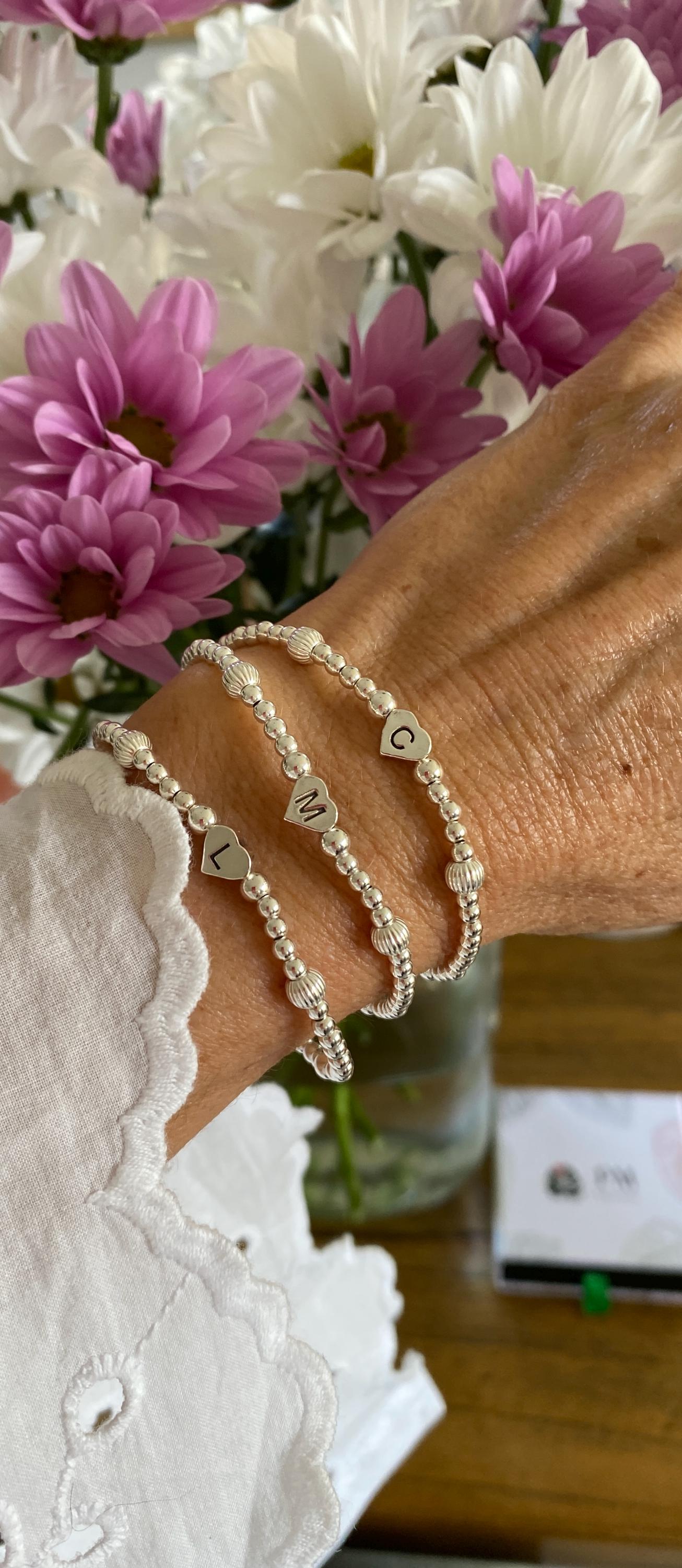 Sterling silver personalized bracelet with name initial and heart charm gift