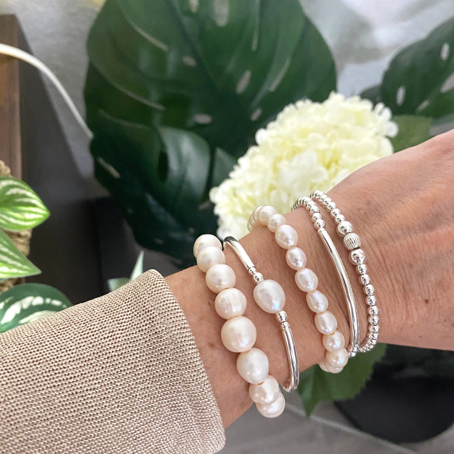 Sterling silver pearl bracelet and earrings set wedding day jewelry accessory bridesmaid personalized friendship gift