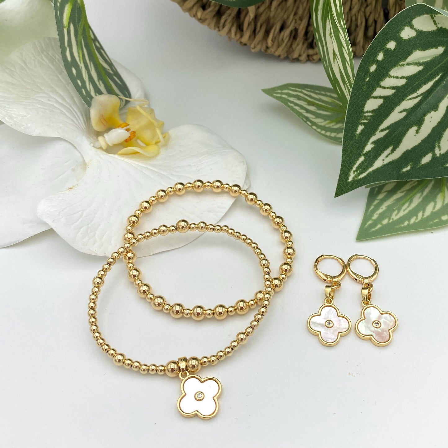Gold filled white flower charm set pearl clover gold charm women jewelry wedding pearl charm gold set elegant bracelet earrings gift for mom