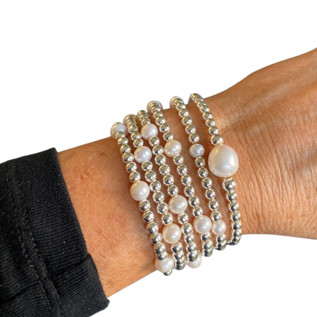 Sterling silver pearl beaded bracelet stretchy wedding jewelry set bridesmaid meaning friendship gift