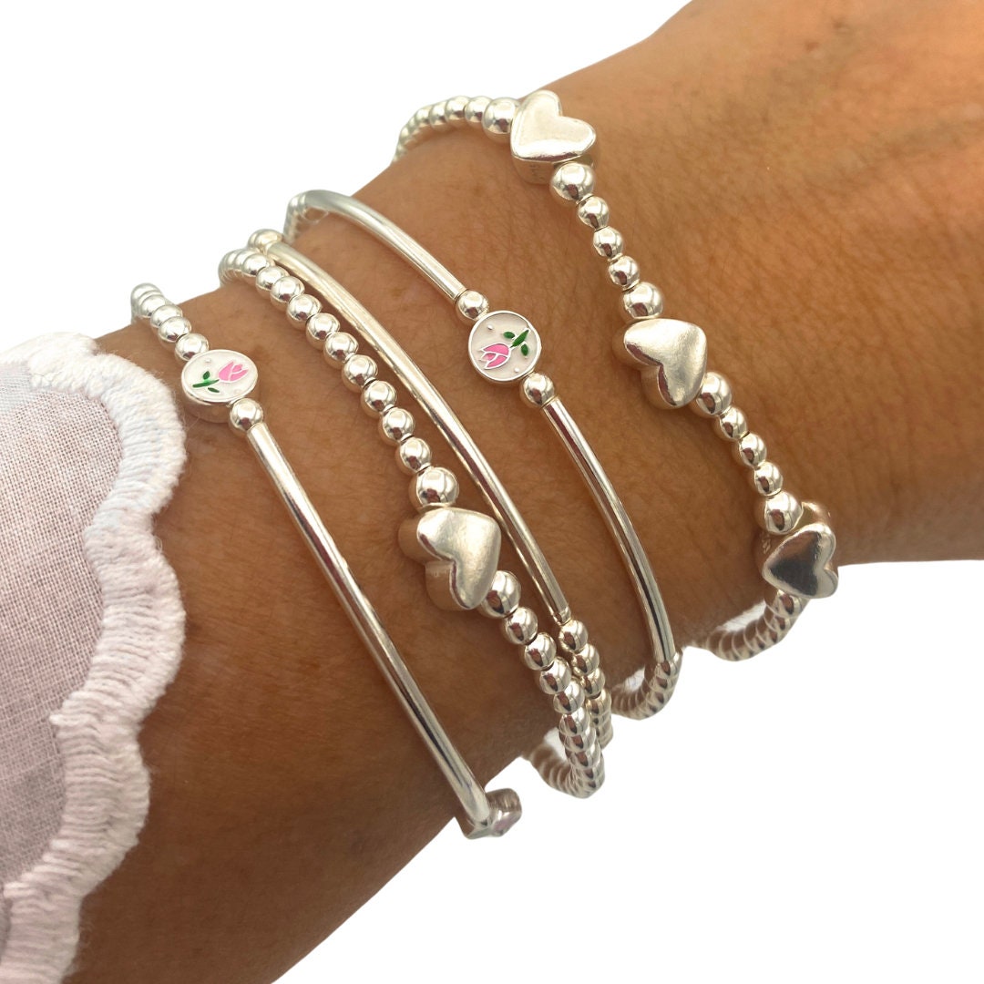Sterling Silver Pink Tulip and Heart Charm Bracelet Set