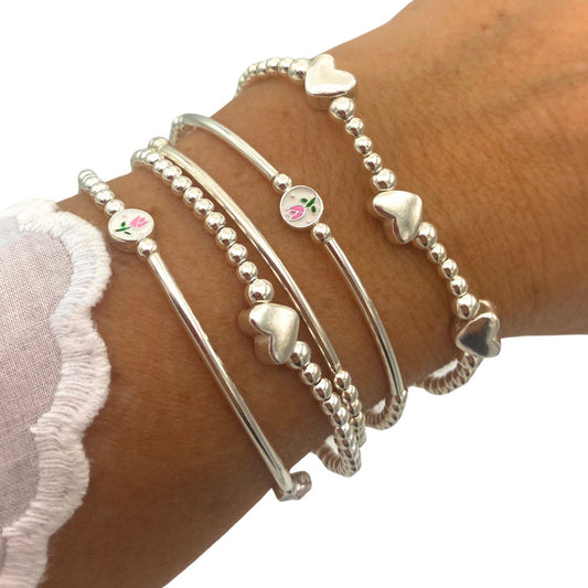 Silver Flower Charm Bracelet Pink Tulip Gift Set for Women