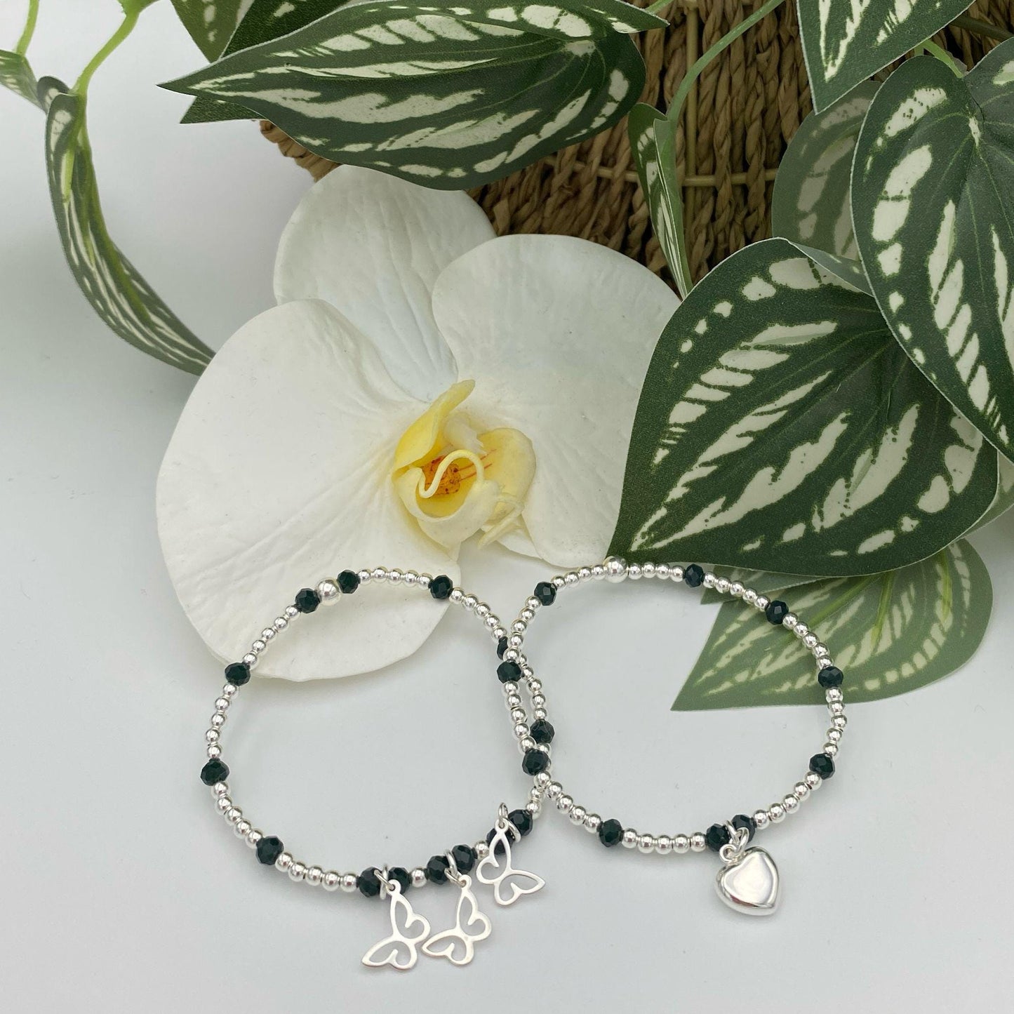 Sterling silver dainty charm bracelet with dark green crystal heart and butterfly gift