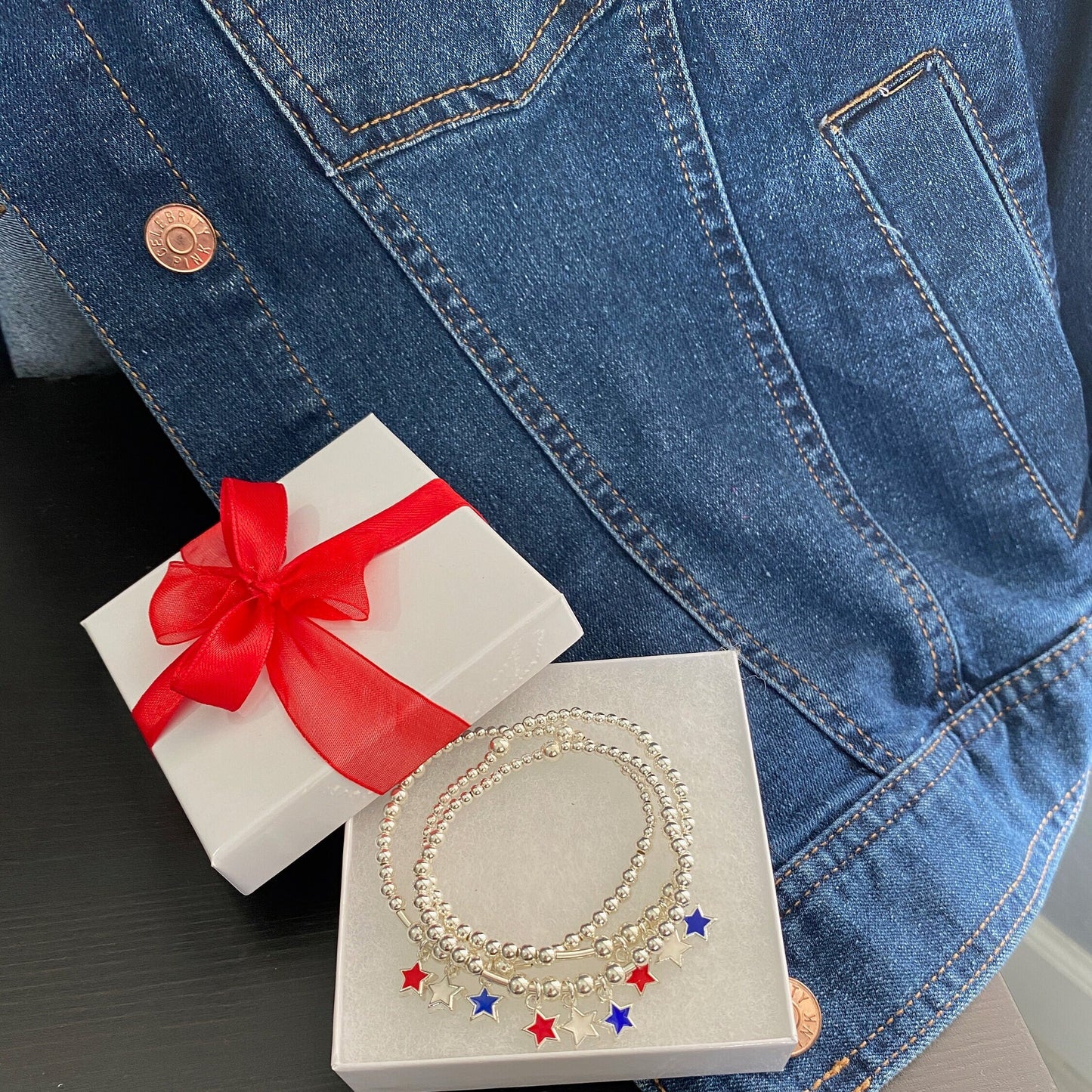 Patriotic stars bracelet set red white blue charms sterling silver USA gift