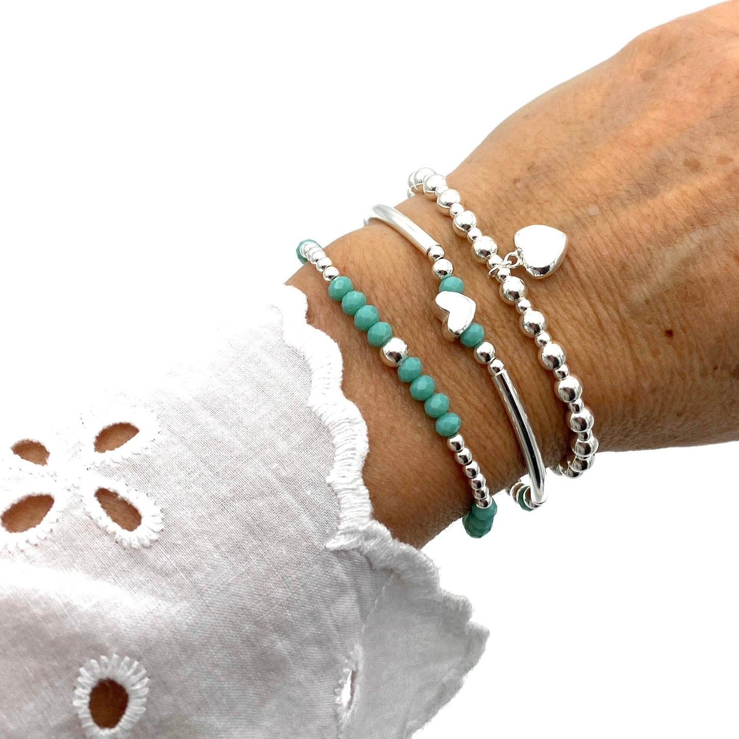 Sterling silver blue green crystal stacking bracelet personalized charm stretchy jewelry women gift